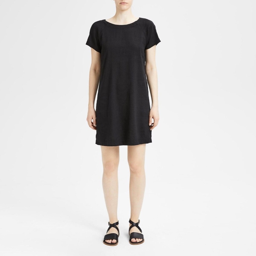 Theory Black Lace-Up Back Shift Dress Size 2 Linen Blend Tie Raglan Short Sleeve